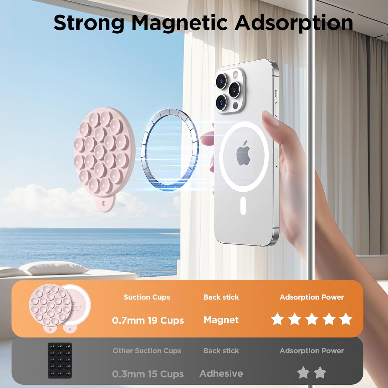 Magnetic Suction Cup Mount for MagSafe Case, Silicone Hands-Free Grip Holder for iPhone and Android, Mirror Shower Phone Stand for Makeup FaceTime Gym Kitchen Bathroom, Lovely Pink