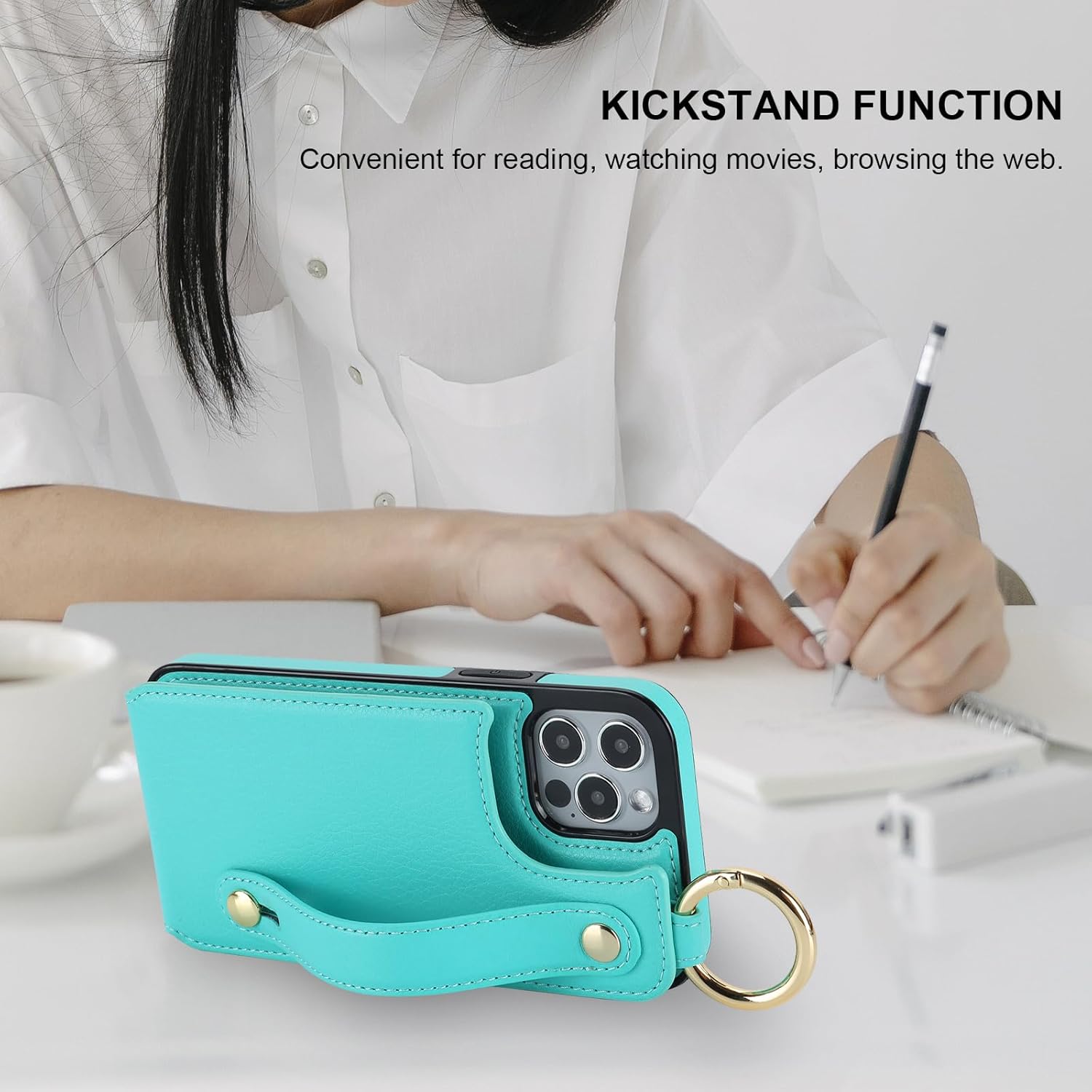 Folosu for iPhone 12/12 Pro Wallet Case with Card Holder, Hand Wrist Strap Loop Holder Kickstand, RFID Blocking Finger Grip Ring PU Leather Double Buttons Shockproof Cover 6.1" Green