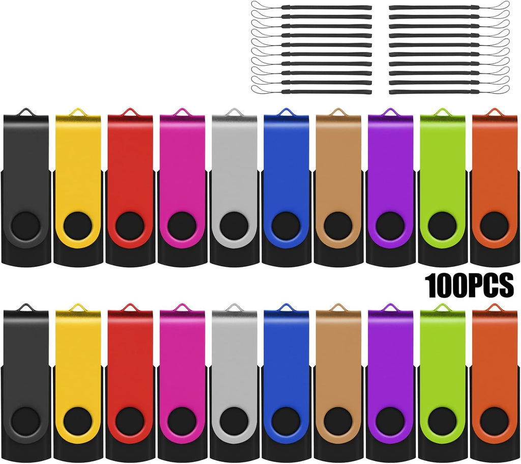 EASTBULL Flash Drives Bulk 2GB USB Thumb Drive 100 Pack USB 2.0 Memory Stick Swivel Pen Drive with Lanyard for Storage and Backup (2GB 100 Colors)