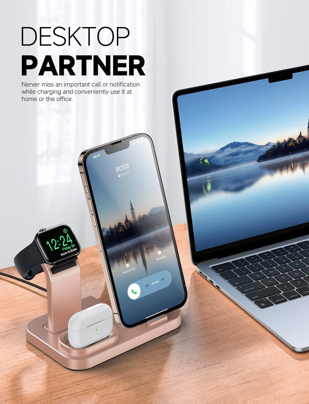 Wireless Charging Station 3 in 1 RJR Compatible with Apple Devices, Charging Dock for iWatch, Built-in Wireless Charger Stand for iPhone Series AirPods Gifts (with 18W Adapter) Rose Gold