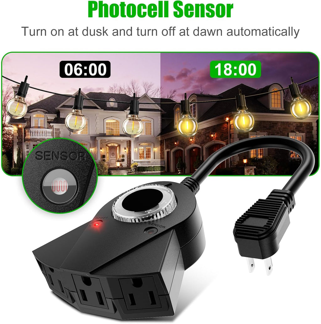 Outdoor Light Timer Waterproof, 24 Hours Plug in Timer with 2, 4, 6 or 8 Hours Countdown Mode, 3 Grounded Dusk to Dawn Electrical Outlet for Outdoor Backyard Garden Patio Lights Christmas Decorations