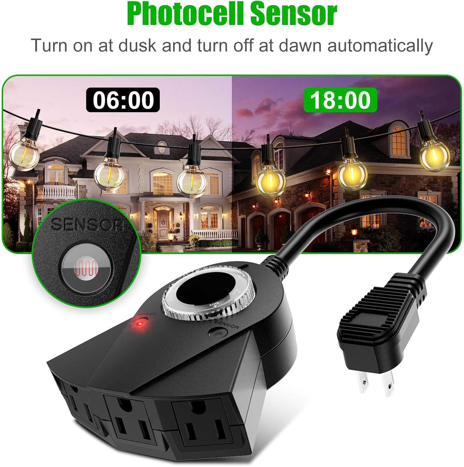 Outdoor Light Timer Waterproof, 24 Hours Plug in Timer with 2, 4, 6 or 8 Hours Countdown Mode, 3 Grounded Dusk to Dawn Electrical Outlet for Outdoor Backyard Garden Patio Lights Christmas Decorations