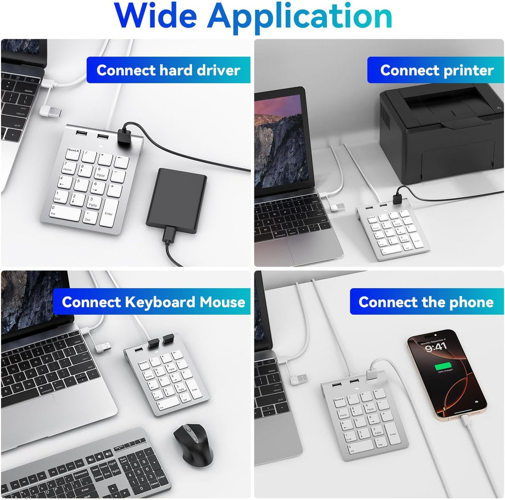 Wired Numeric Keypad USB-C & USB-A - 18 Keys Number Pad with 3 USB 2.0 Port, 15° Ergonomic Numeric Pad for Laptop/ Desktop/ Surface/ iPad, USB Number Keypad for Windows/macOS/Chrome OS, Plug & Play