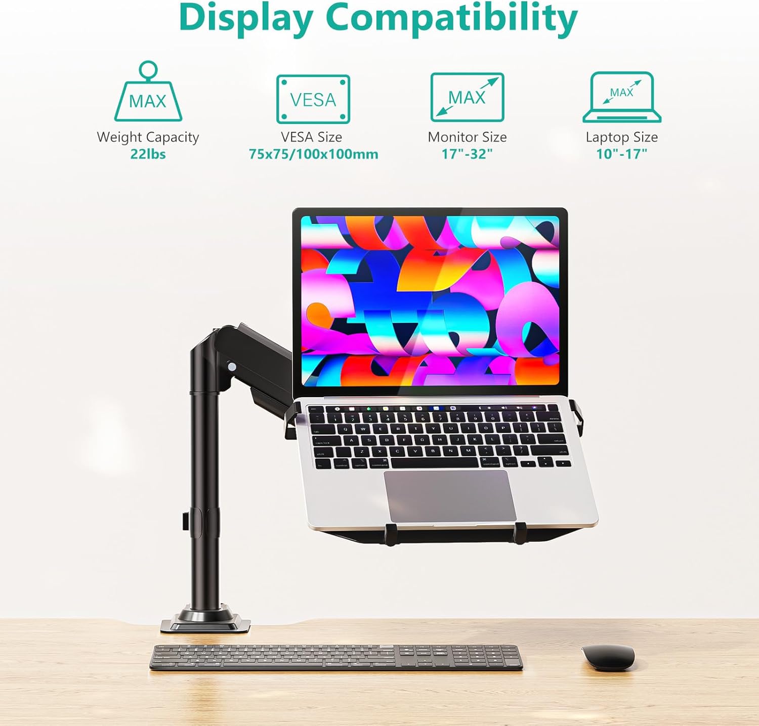 WALI Laptop Tray Desk Mount, Laptop Arm Mount Fits 10-15.6 Inch Notebook, 2-in-1 Gas Spring Monitor Arm for 17-32 Inch Computer Screen, Holds up to 22lbs(GSDM00LP), Black