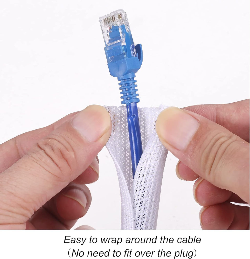 CrocSee 25ft - 1/4 inch Braided Cable Management Sleeve Cord Protector - Self-Wrapping Split Wire Loom for TV/Computer/Home Theater/Engine Bay - White