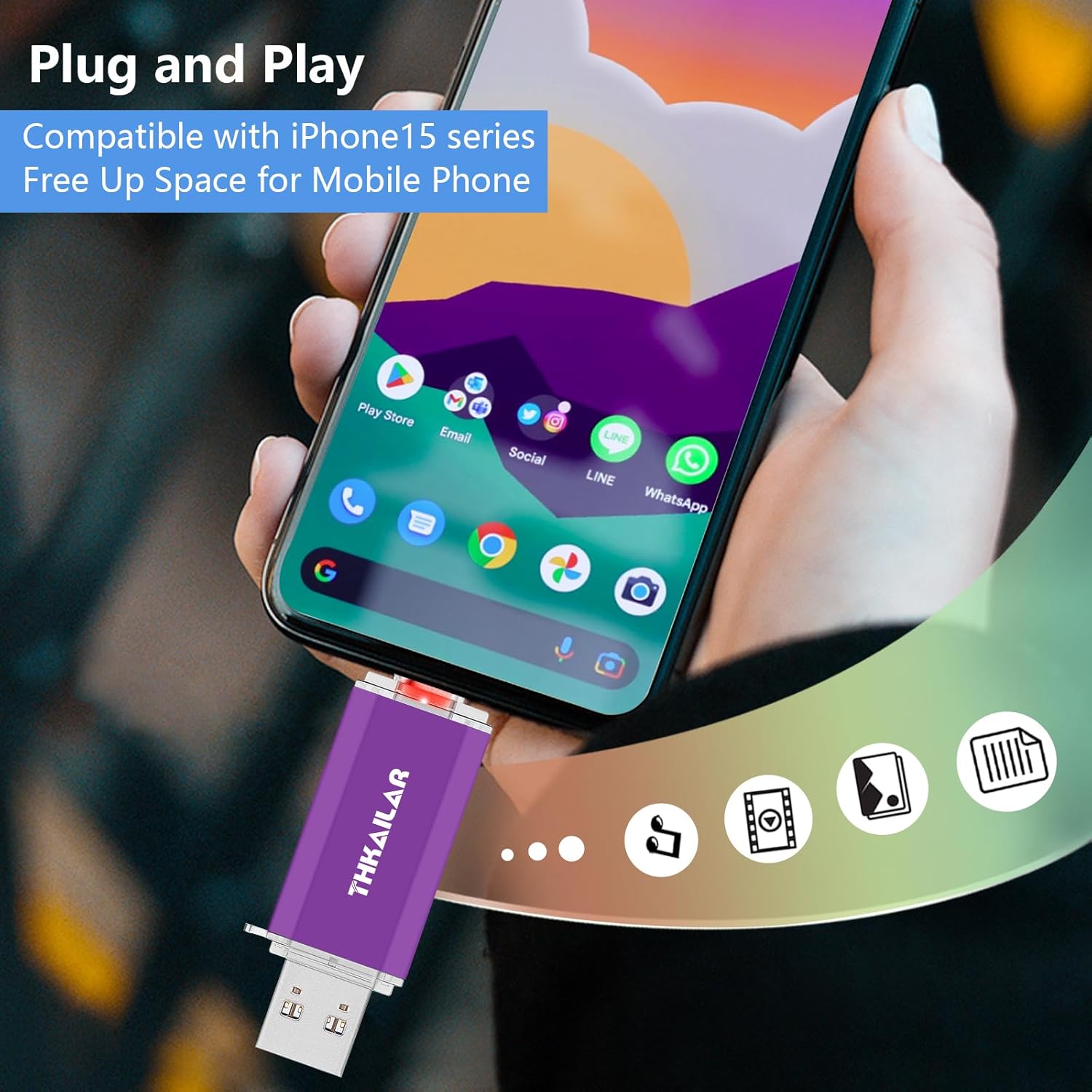 Thkailar 128GB USB C Flash Drive 3.1,USB C Thumb Drive 3.0 Up to 150MB/s Read USB Drive for iPhone 15,Android Phones,PC,MacBook,Laptop(Purple)