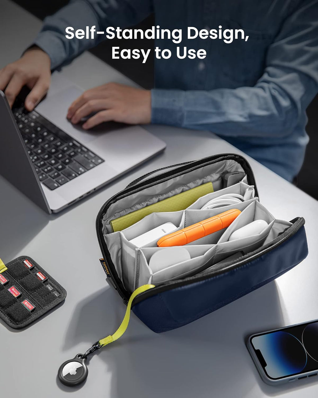tomtoc Electronic Organizer Accessory Tech Pouch for MacBook Charger, Cables, Power Bank, Hard Drive, Cords, Water-resistant Storage Bag with Removable Card Slots for USB Adapter, Memory Card, Blue
