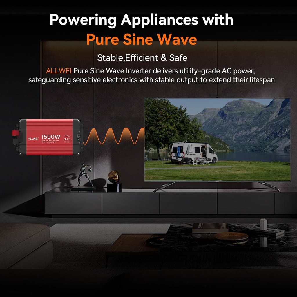 ALLWEI 1500W Pure Sine Wave Inverter 12V DC to 110V/120V AC Converter, Surge 3000W | Power Inverters Vehicles with 2 AC Outlets, RV Truck Boat Home Outdoor & Off-Grid Solar Inverter, Smart LCD Display