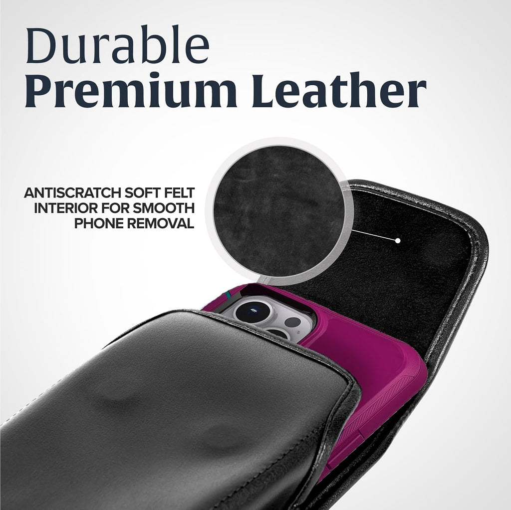 Turtleback Belt Clip for iPhone 16 Pro, 16e, 15 pro 14 Pro 13 Pro -Large- Fits w/Defender Bulky Style Cases, Premium Black Leather, Vertical Belt Holder, Magnetic Closure HD Rotating Belt Clip