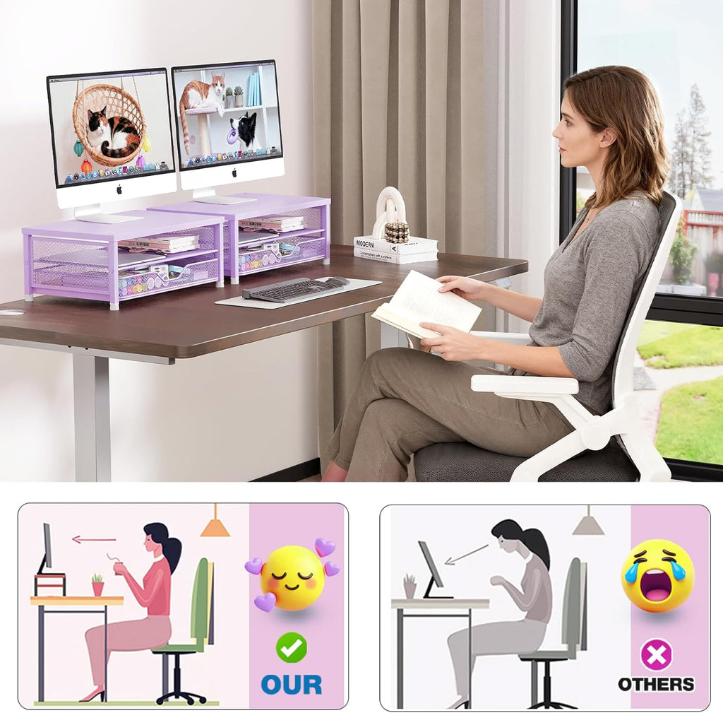 Desk Organizers and Accessories, 2-Tier Computer Monitor Stand Riser with Drawer, Laptop Stand, Office Desk Accessories, Workspace Desktop Organizer for Office Supplies, Purple