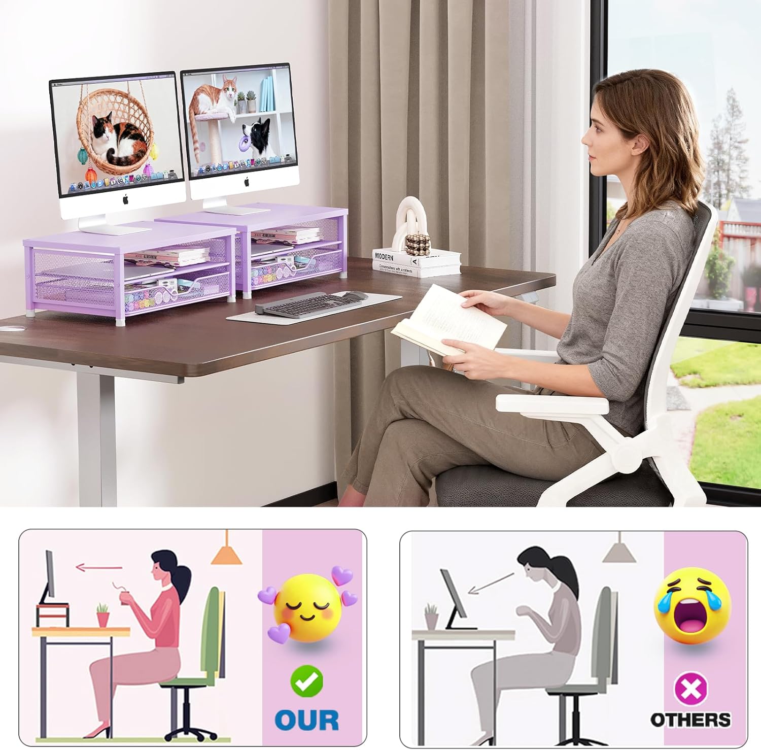 Desk Organizers and Accessories, 2-Tier Computer Monitor Stand Riser with Drawer, Laptop Stand, Office Desk Accessories, Workspace Desktop Organizer for Office Supplies, Purple