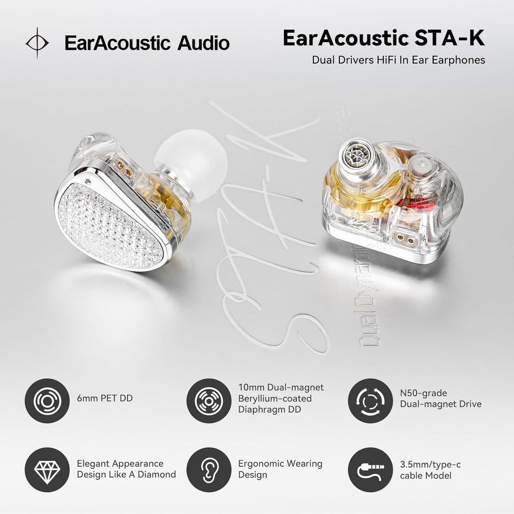 STA-K In Ear Monitor, EarAcoustic Audio HiFi Stereo Wired Earbuds,Hybrid Dual Drivers IEM Headphones,Crystal Clear Sound IEM Earphones with 2 Pin Detachable Cable for Musicians(NO Microphone,Silver)