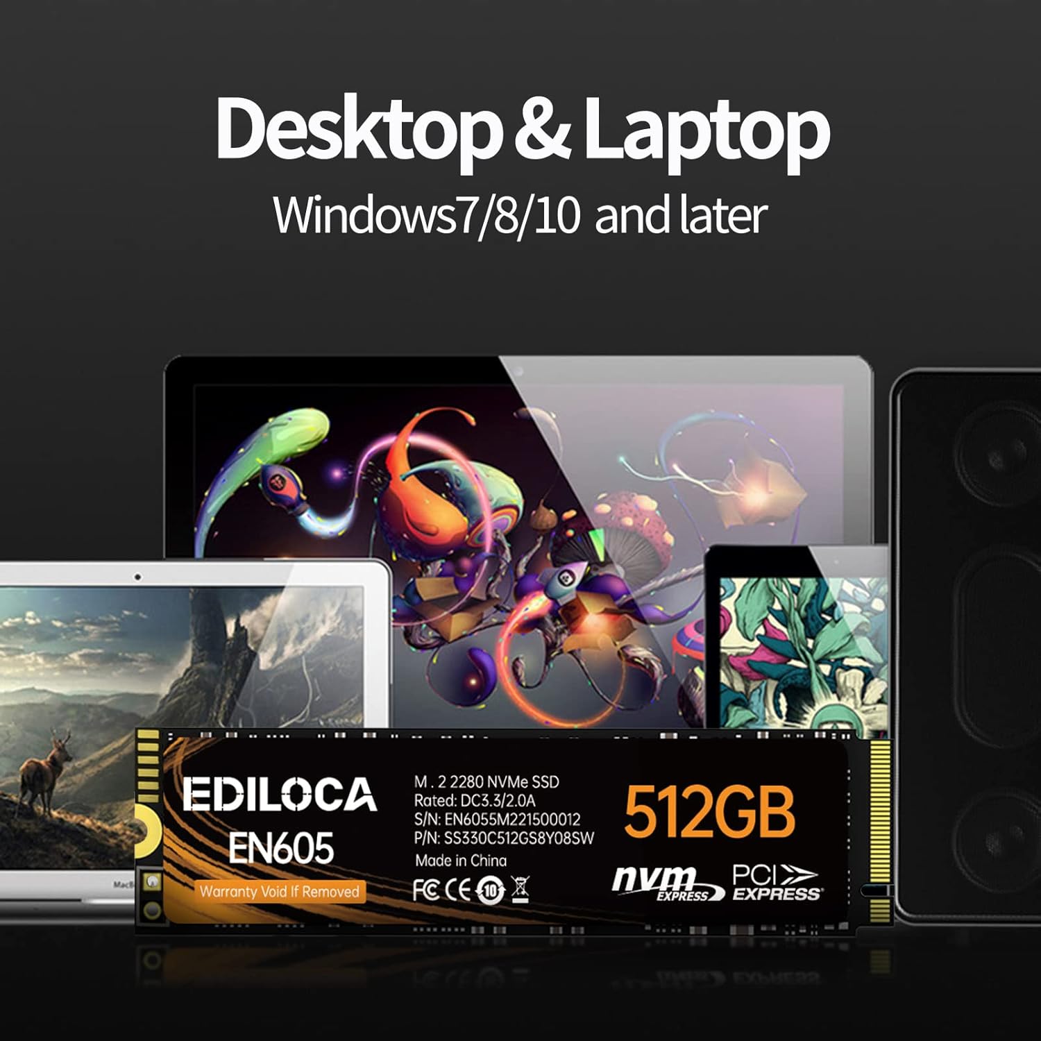 EN605 512GB M.2 SSD, NVMe1.3 PCIe Gen3 x4 SSD TLC, Internal Hard Drive, M.2 2280 - Read/Write Speed up to 2150/1600 MB/s - Internal SSD Compatible with Laptop & PC Desktop