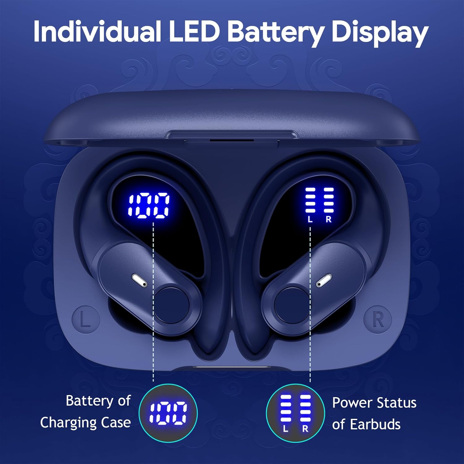 GOLREX Active Noise Cancelling Ear Buds Wireless Earbuds Bluetooth Headphones with 80H Playtime LED Display Wireless Charging Case, Over-Ear Hooks Earbud for Sports Running Gym Workout Blue