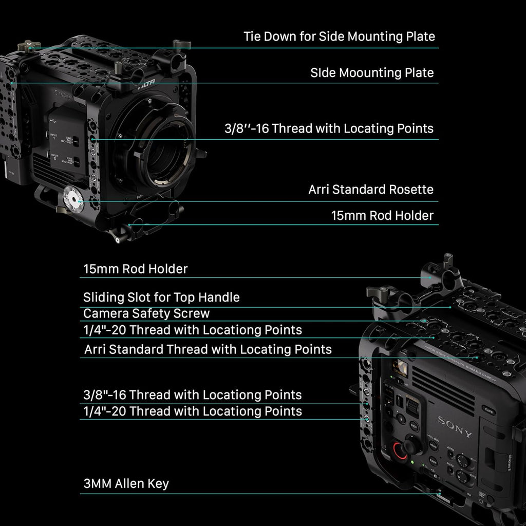 Tilta Camera Cage Compatible with Sony BURANO | Arri Rosettes, 1/4"-20 and 3/8"-16 Threads | w/Top Handle, Left/Right Side Arm, Battery Plate (Advanced Kit - V Mount)