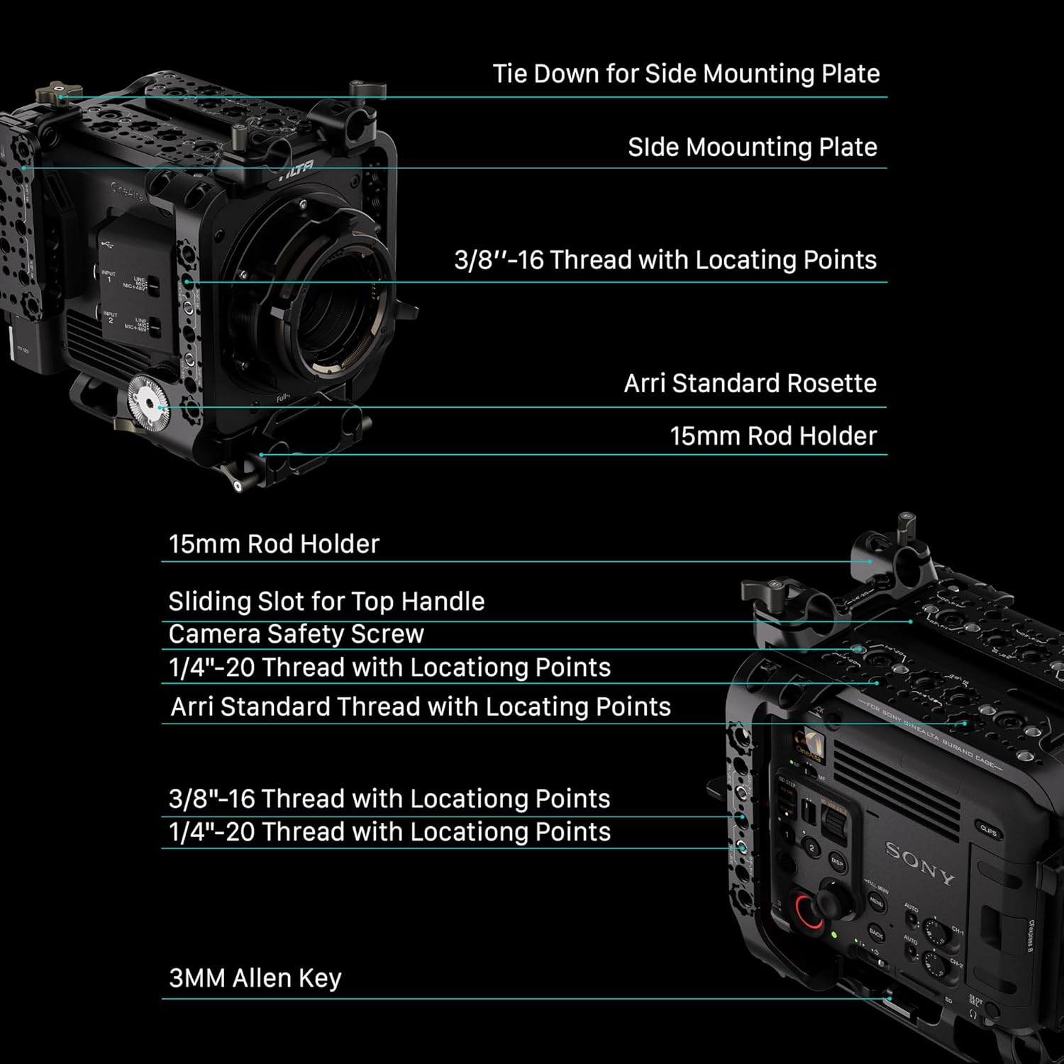 Tilta Camera Cage Compatible with Sony BURANO | Arri Rosettes, 1/4"-20 and 3/8"-16 Threads | w/Top Handle, Left/Right Side Arm, Battery Plate (Advanced Kit - Gold Mount)