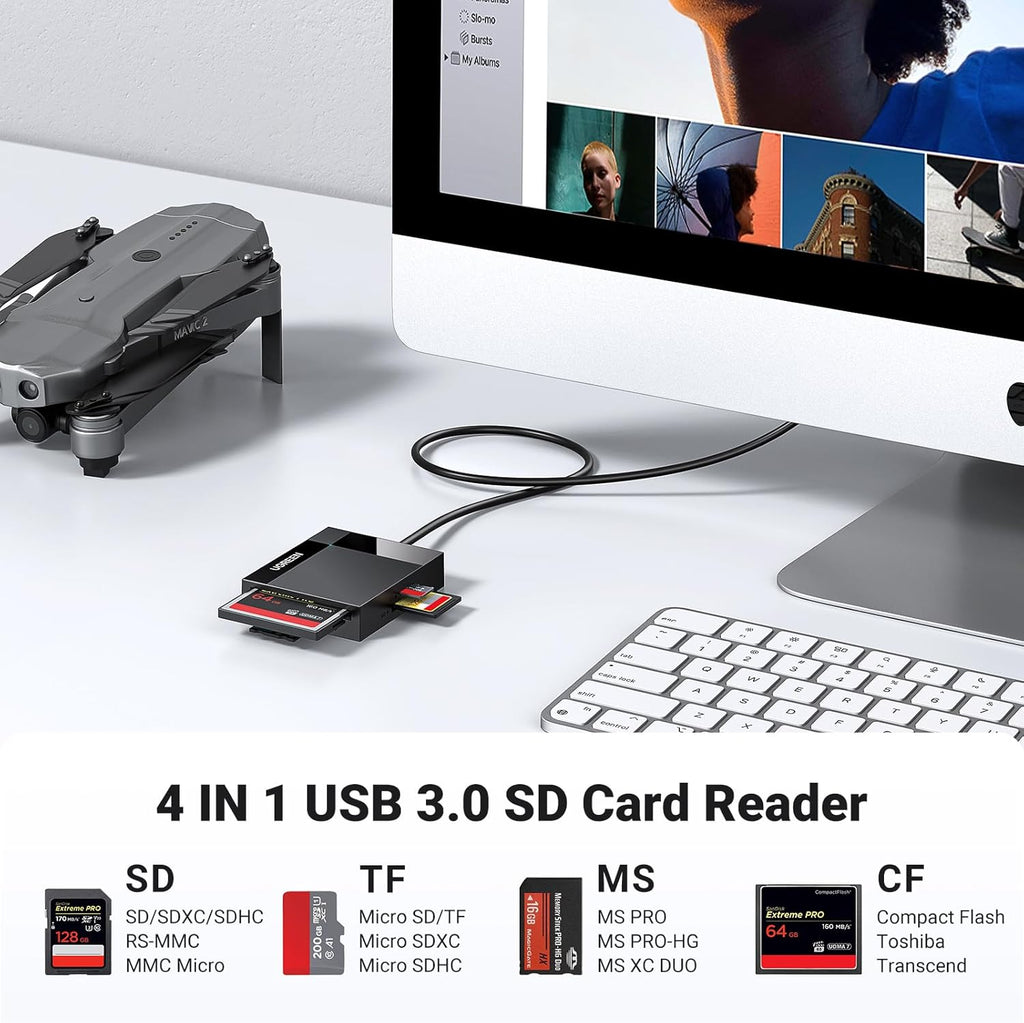 UGREEN SD Card Reader USB 3.0 Card Hub Adapter 5Gbps Read 4 Cards Simultaneously CF, CFI, TF, SDXC, SDHC, SD, MMC, Micro SDXC, Micro SD, Micro SDHC, MS, UHS-I (Black)