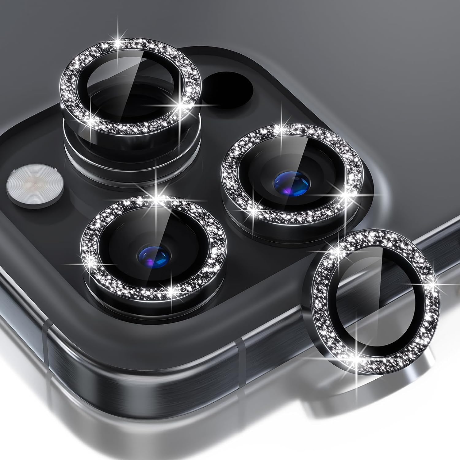 Choiche Compatible for iPhone 16 Pro/iPhone 16 Pro Max Camera Lens Protector Bling, 9H Tempered Glass Camera Cover Screen Protector Metal Ring Decoration Accessories (Glitter-Black)