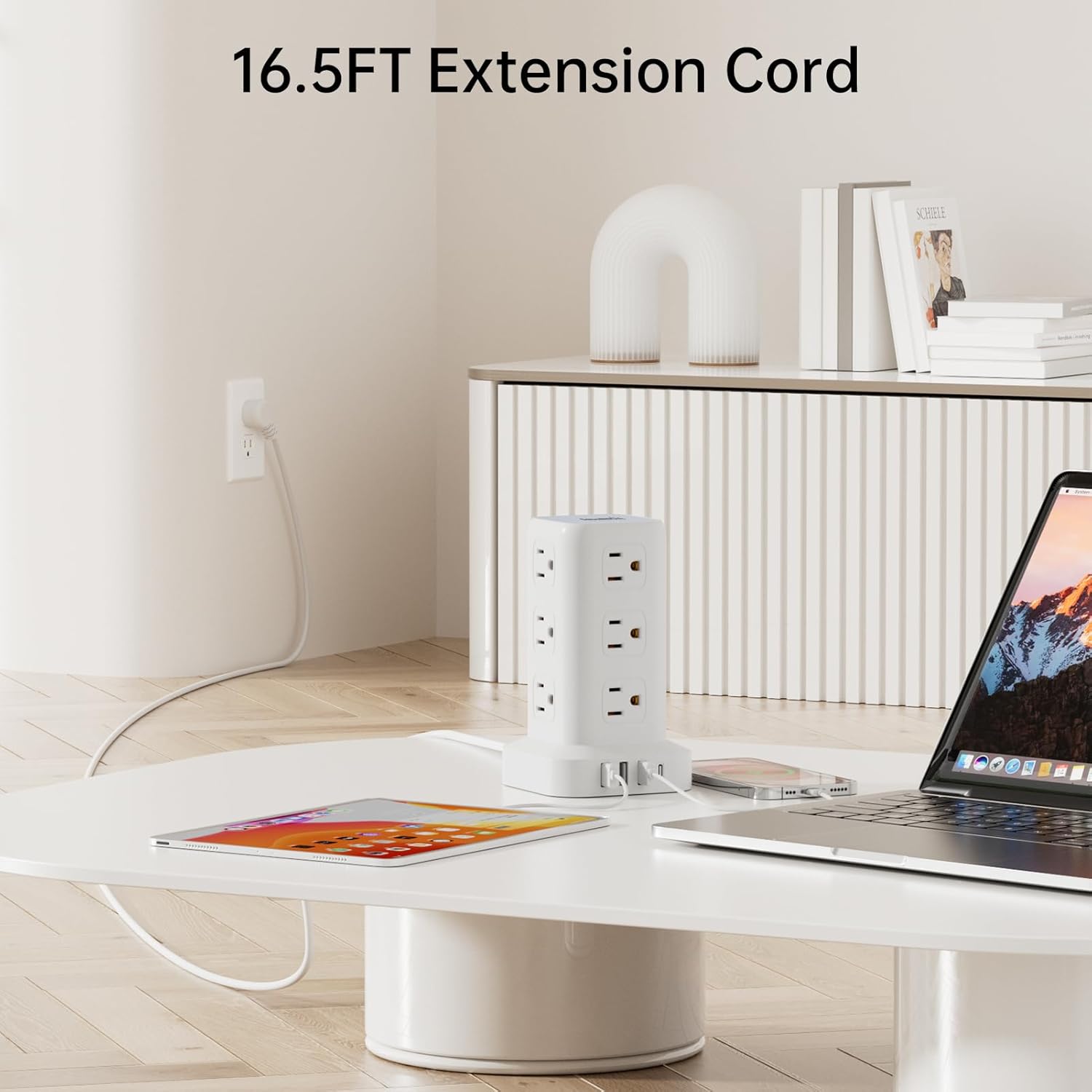 PD20W Power Strip Tower Surge Protector,16.5FT Extension Cord,Power Strip with USB 12 Outlets with 4 USB Ports (1 USB C), Flat Plug Multi Plug Outlet Extender Overload Protection for Home Office
