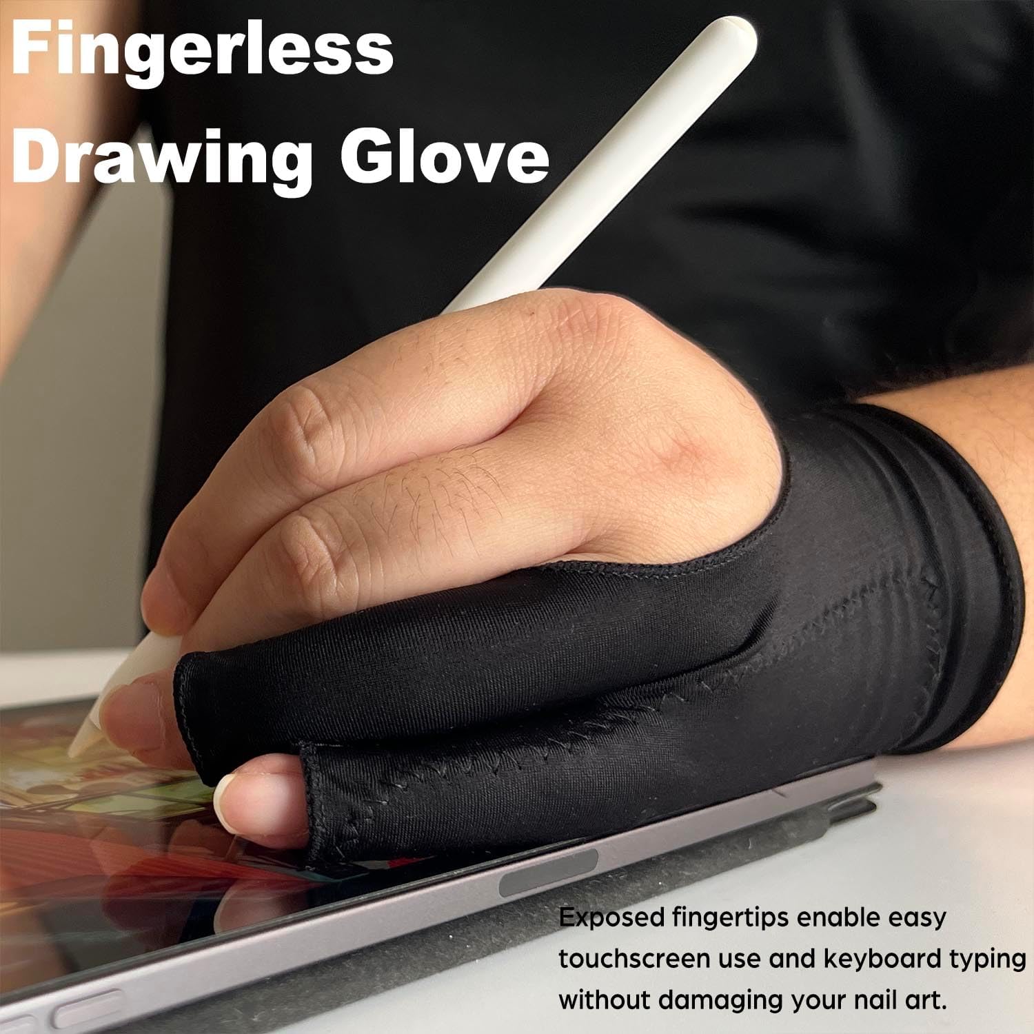 Drawing Glove, Artist Glove for Drawing Tablet, iPad, Digital Art Creation - Palm Rejection, Exposed Fingertip, Suitable for Left and Right Hand - M, Pack of 2