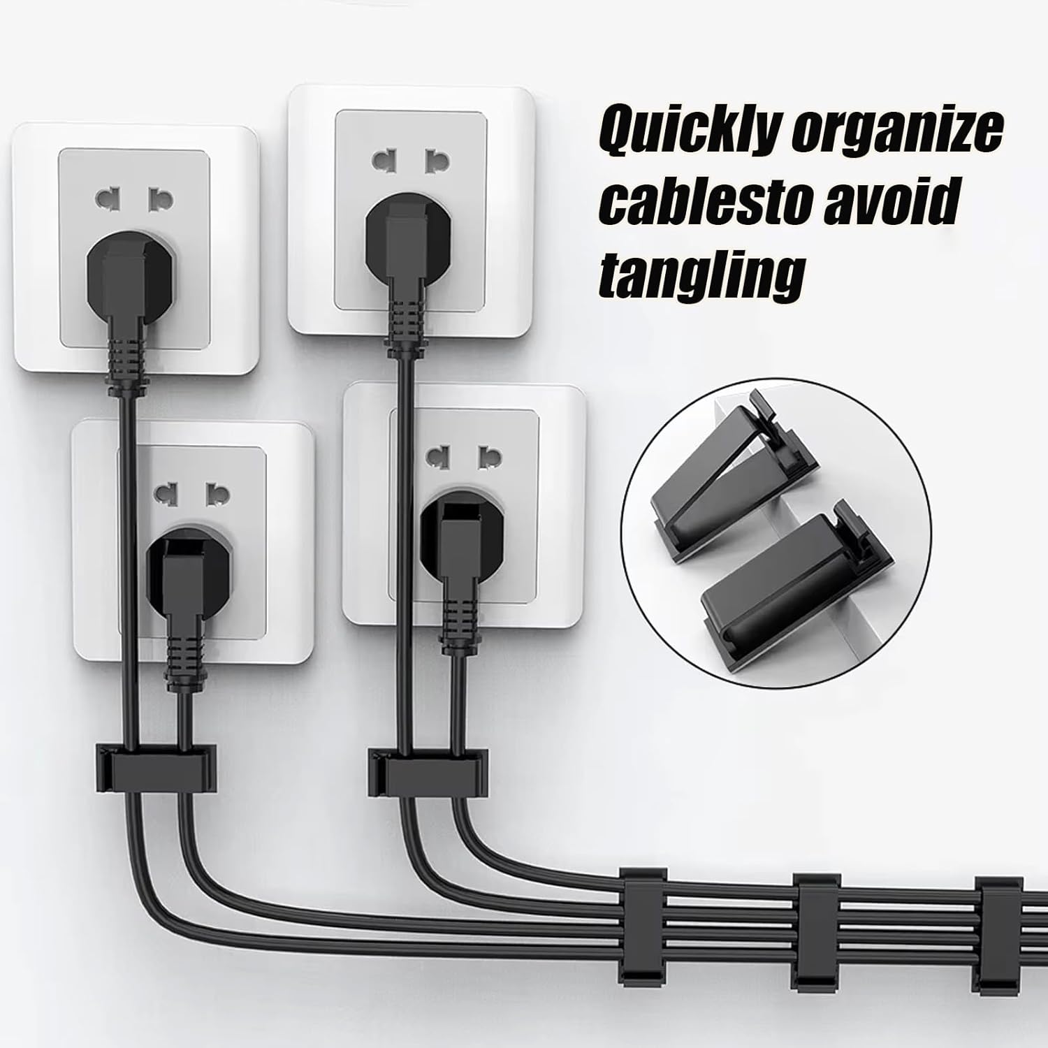 Adhesive Cable Clips Holder, Outdoor Light Clips, Black Cord Wire Clips, Sturdy Nylon Cord Wall Finisher Wire Clamp for Home, Car, Office Desk Wire Management (Black, L-100 PCS)