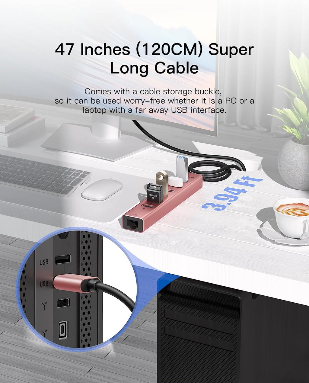 Aluminum USB 3.0 Adapter USB to Ethernet HUB with 120CM Long Cable for Laptop USB Extender with Gigabit Ethernet Port and 5V/3A Power Port 7 Ports USB Hub for iMac PC Flash Drives (Rose Gold)