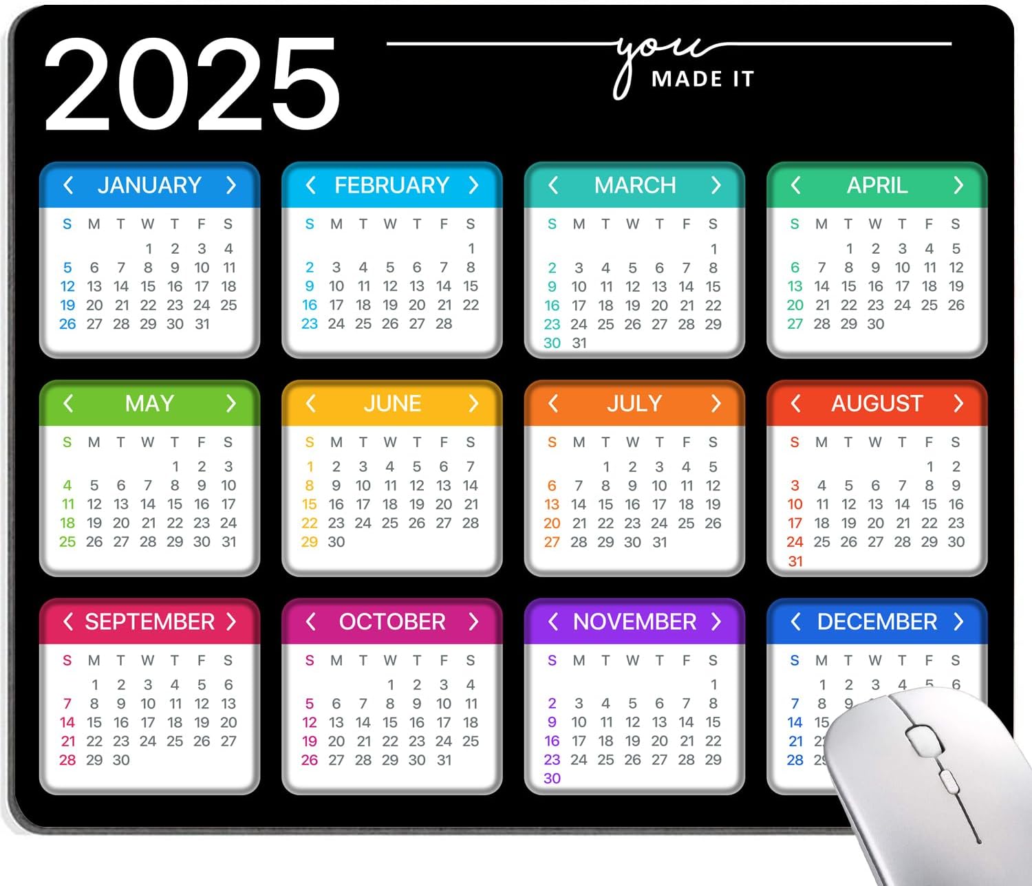 Hokafenle Mouse Pad, Black 2025 Calendar Mouse Pad, Premium-Textured Square Waterproof Mouse Mat Non-Slip Rubber Base MousePads for Office Laptop Home