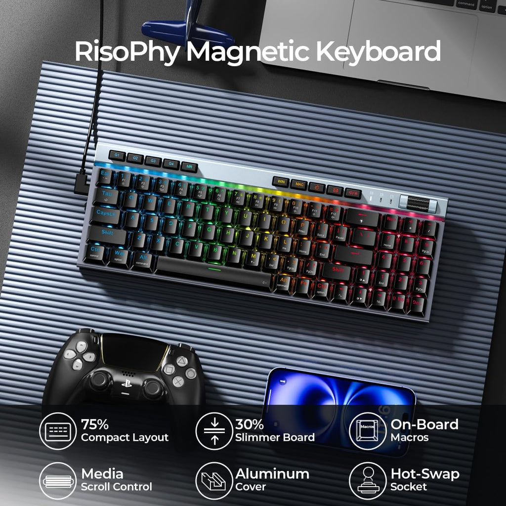 RGB Mechanical GamingKeyboard, 78 Keys Hot-Swap Mechanical Keyboard With Magnetic Red Switches, Ergonomic Keyboard with Aluminum Cover/Media Keys/Software/Dual System WiredKeyboard for PC/Mac Gamer
