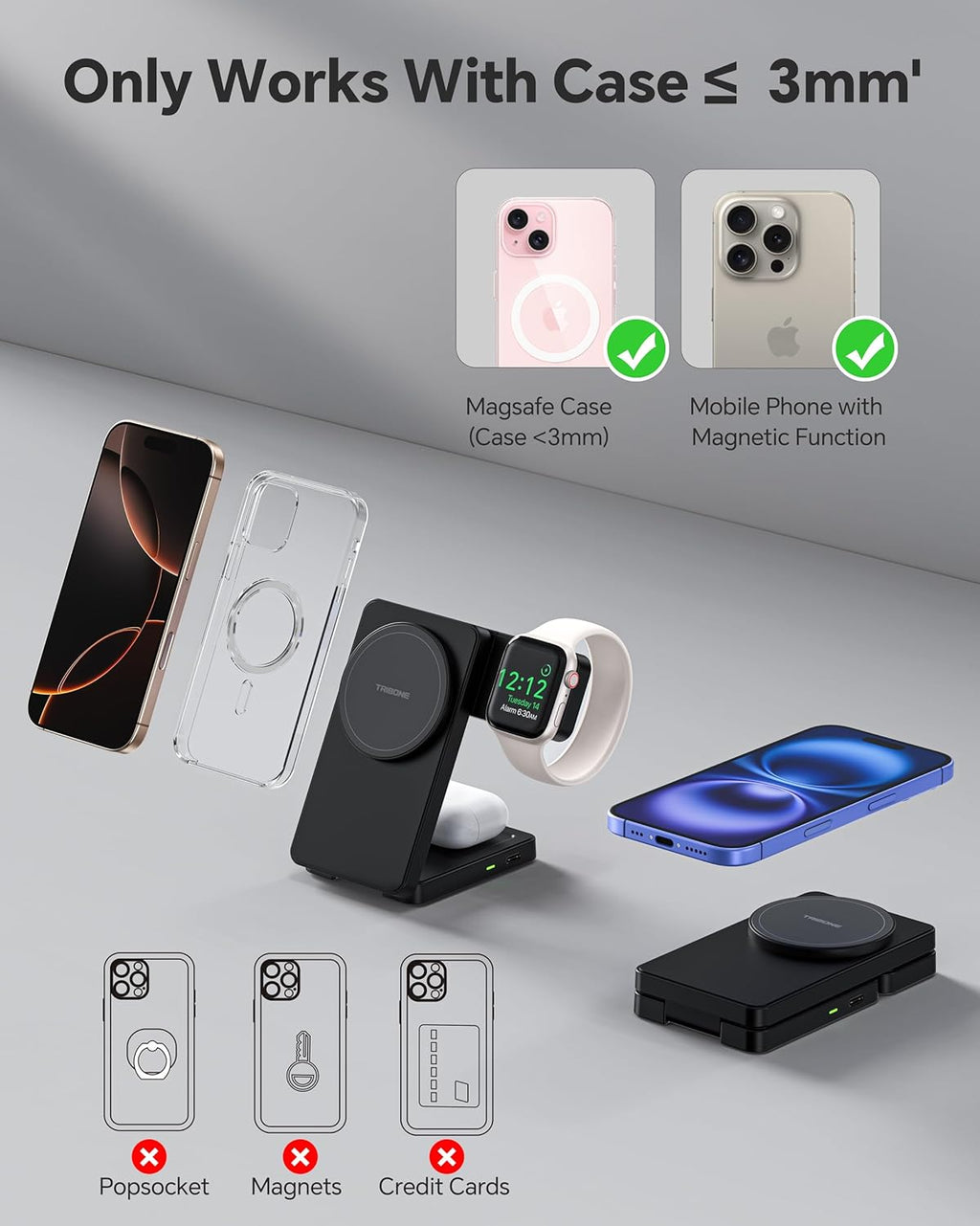 3 in 1 Charging Station for iPhone 16 15 14 13 12 Series, Wireless Charger for Apple Watch，Travel Magnetic Charging Stand for AirPods (Black)
