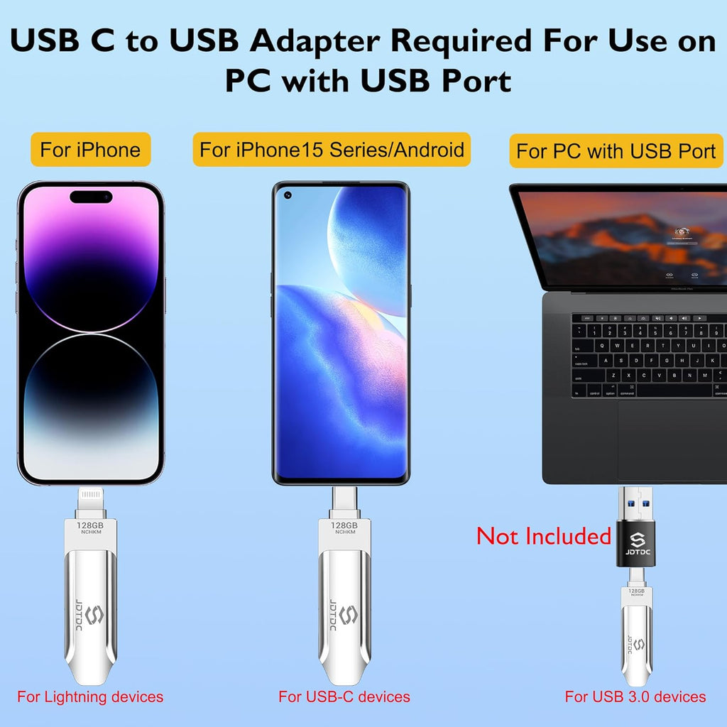JSL JDTDC Apple MFi Certified 256GB Photo-Storage-Stick-For-iPhone-16-Flash-Drive External-Backup-Storage-iPhone-USB-Drive iPad Lightning USB C Photo-Stick Android Thumb-Drive-for-iPhone-Memory-Stick