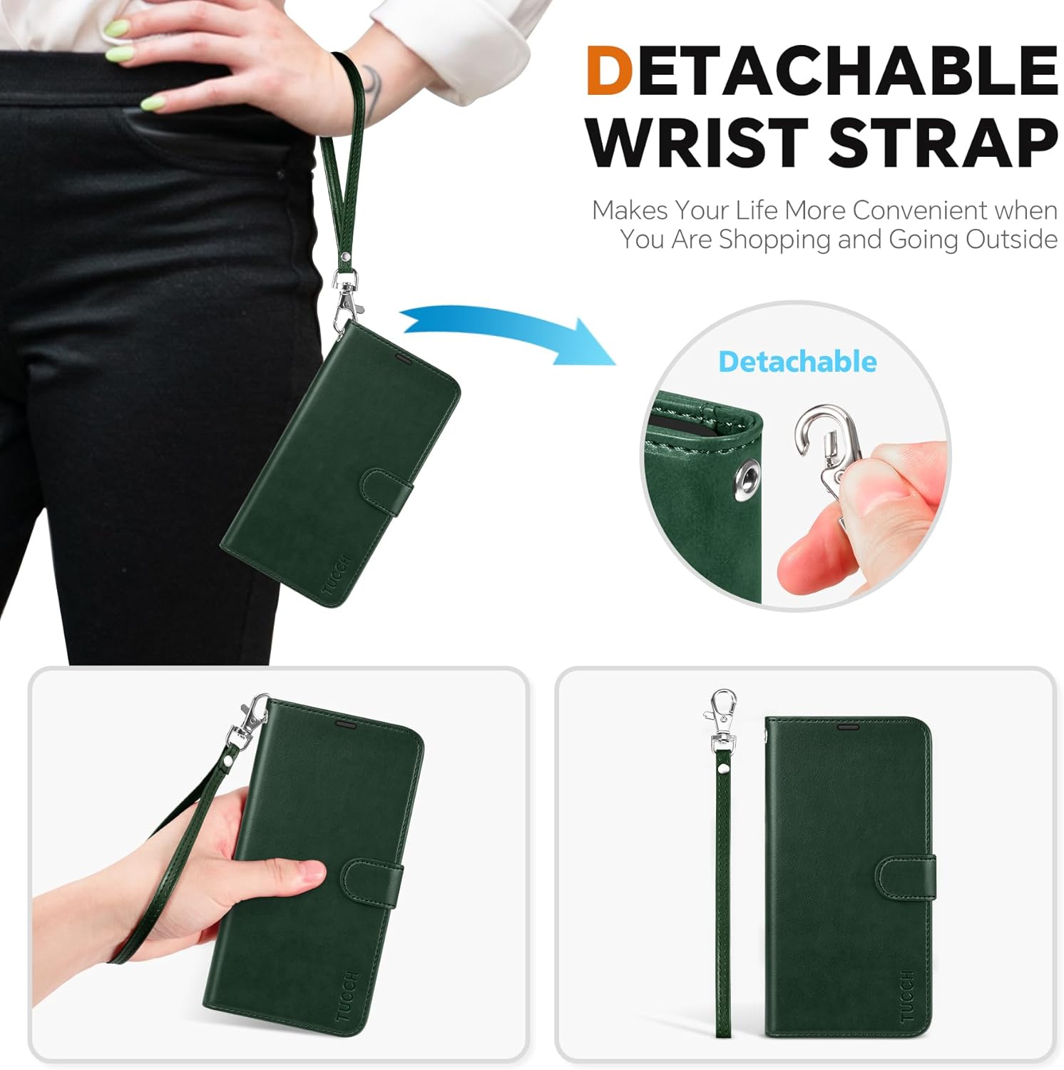 TUCCH Wallet Case for Galaxy S25 Edge, Removable 2 in 1 [Wireless Charging] Wrist Strap RFID Blocking [4 Card Holders] PU Leather Cover, Magnetic Detachable Stand Folio for Galaxy S25 Edge, Evergreen