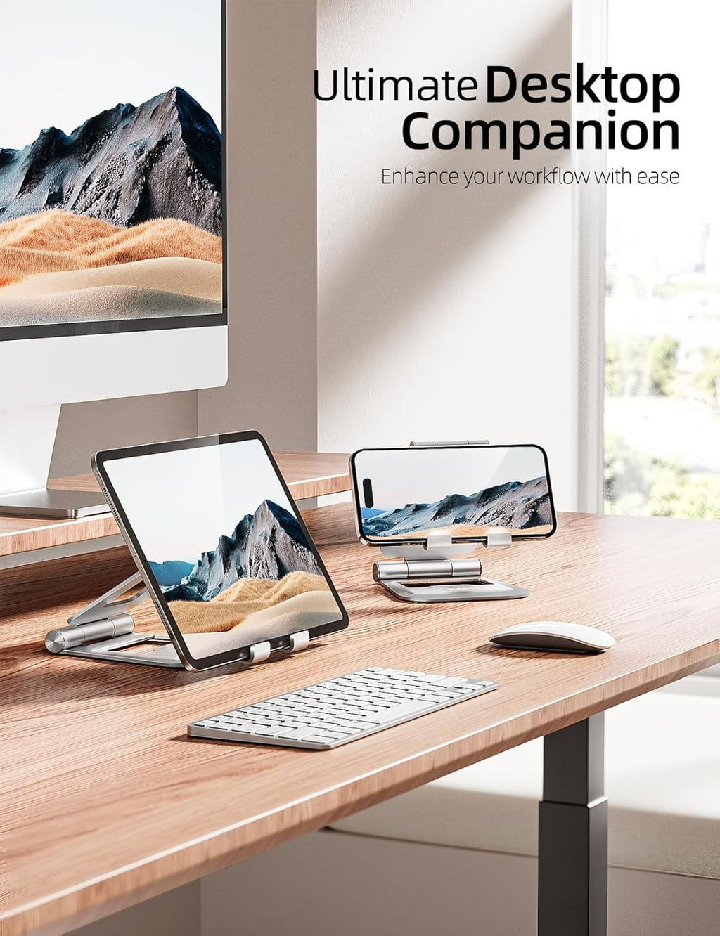 Nulaxy Aluminum Dual Foldable iPad Stand, Fully Adjustable Desktop Tablet Holder, Tablet Accessories for Office Kindle Compatible with Mobile Devices iPad Pro/Air/Mini, iPhone Pro/Max/Plus, Silver