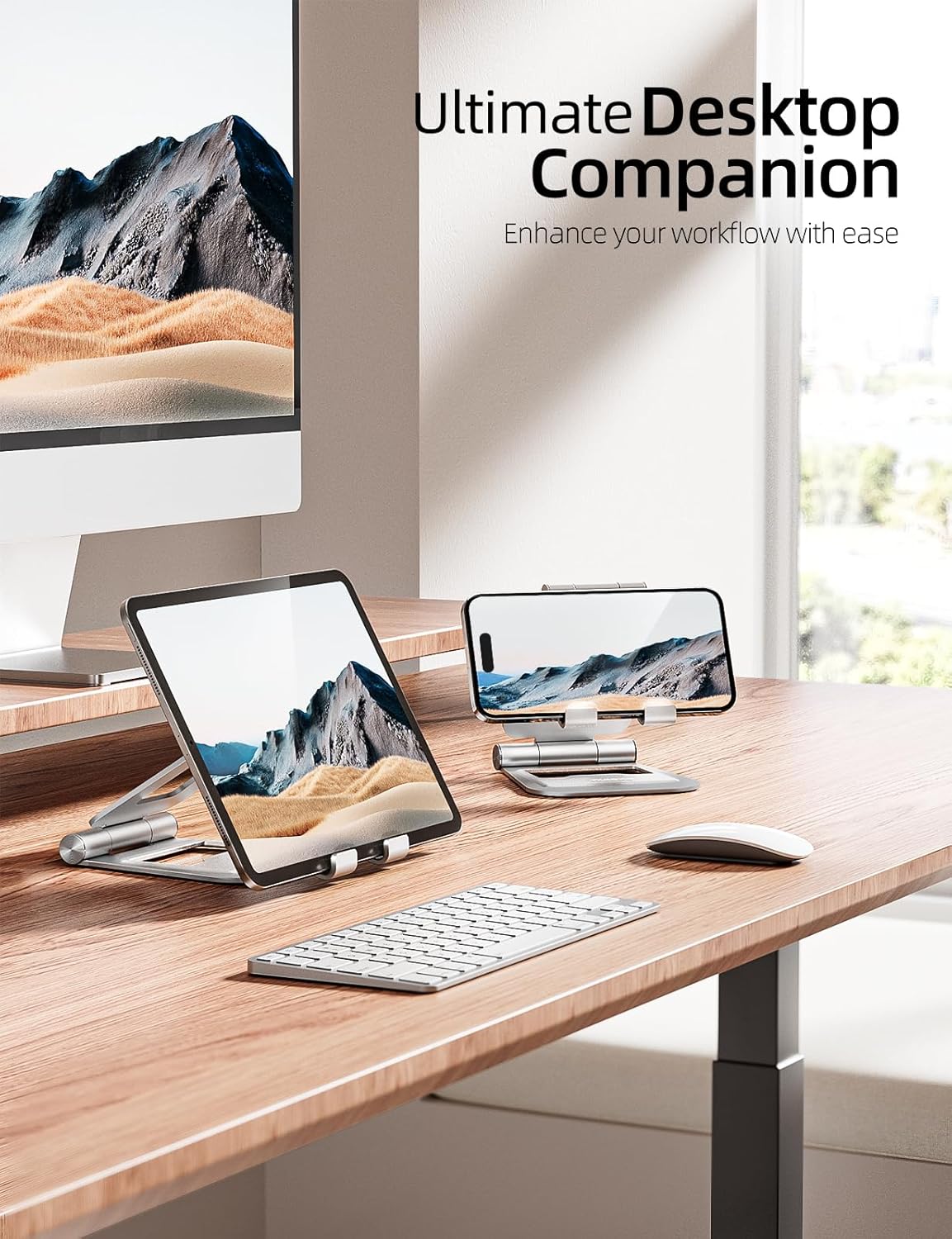 Nulaxy Aluminum Dual Foldable iPad Stand, Fully Adjustable Desktop Tablet Holder, Tablet Accessories for Office Kindle Compatible with Mobile Devices iPad Pro/Air/Mini, iPhone Pro/Max/Plus, Silver