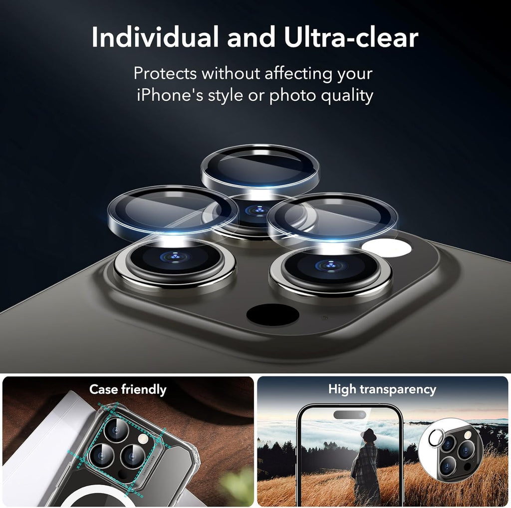ESR 3+1 Pack for iPhone 15 Pro Screen Protector, 3 Black Edge Tempered-Glass Film and 1 Set Camera Lens Protector, 2.5D Curved Edges, Full-Coverage Military-Grade Protection, Scratch Resistant