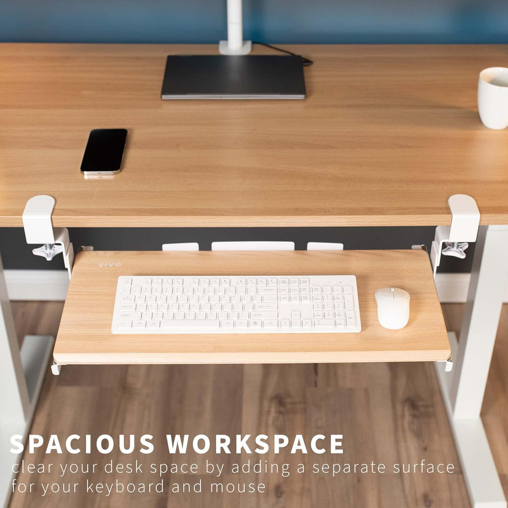 VIVO Large Height Adjustable Under Desk Keyboard Tray, C-clamp Mount System, 27 (33 Including Clamps) x 11 inch Slide-Out Platform Computer Drawer for Typing, Light Wood, MOUNT-KB05HA