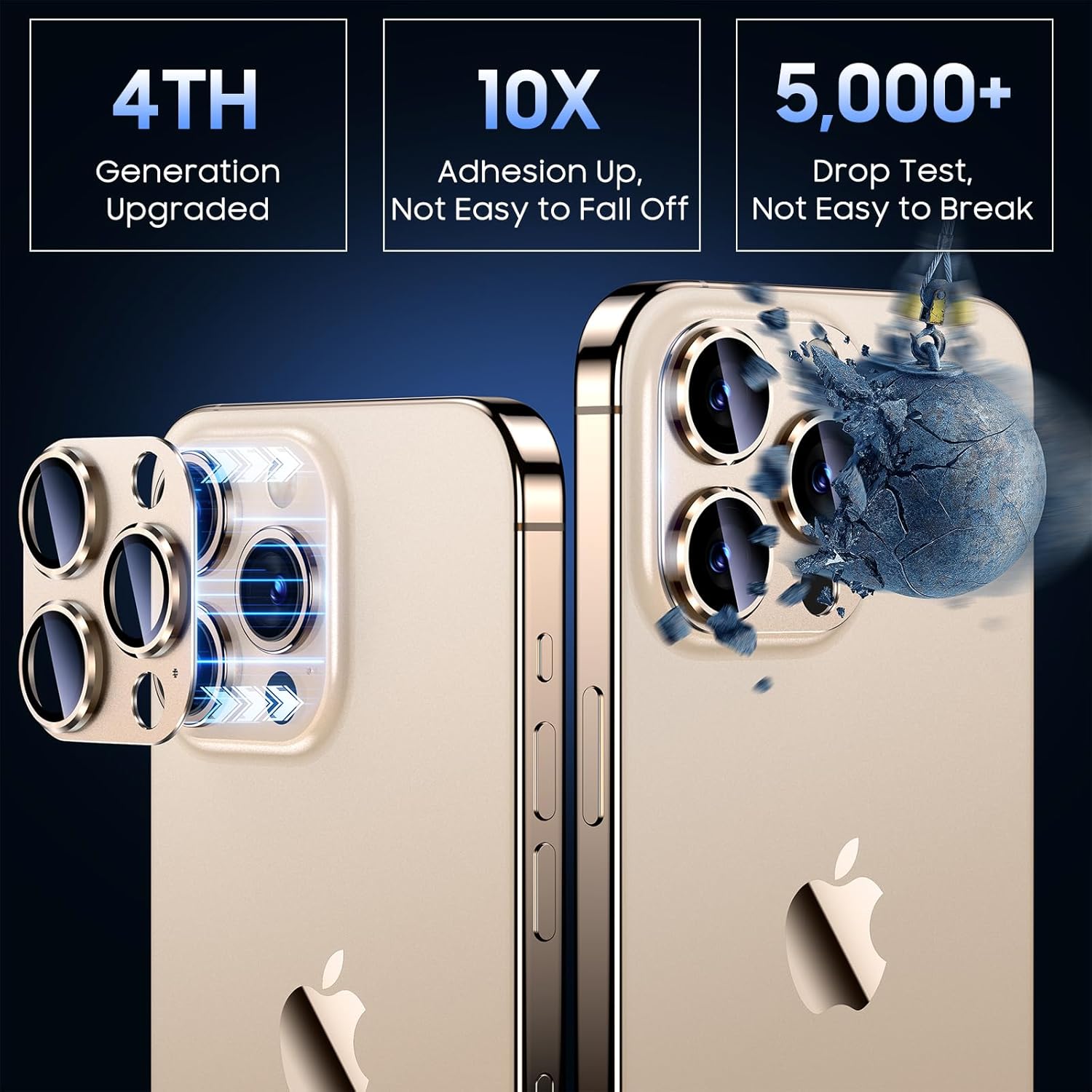 Uyiton for iPhone 13 Pro/iPhone 13 Pro Max Camera Lens Protector, [Strong Adsorption] [Drop Protection] Metal Ring Tempered Glass Rear Camera Screen Cover - Gold