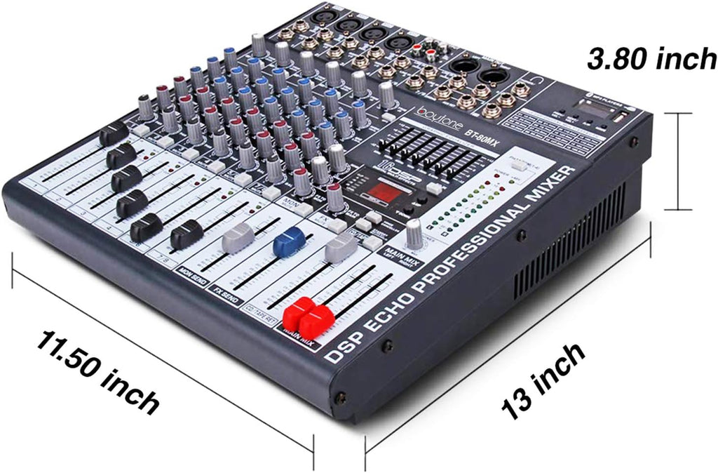 Boytone Dj Mixers 8 Channel Audio Mixer Sound Board with Bluetooth, USB MP3 Port Player with 48V Phantom Power Sounds Mixer with 16 Bit FX Effect, BT-80MX