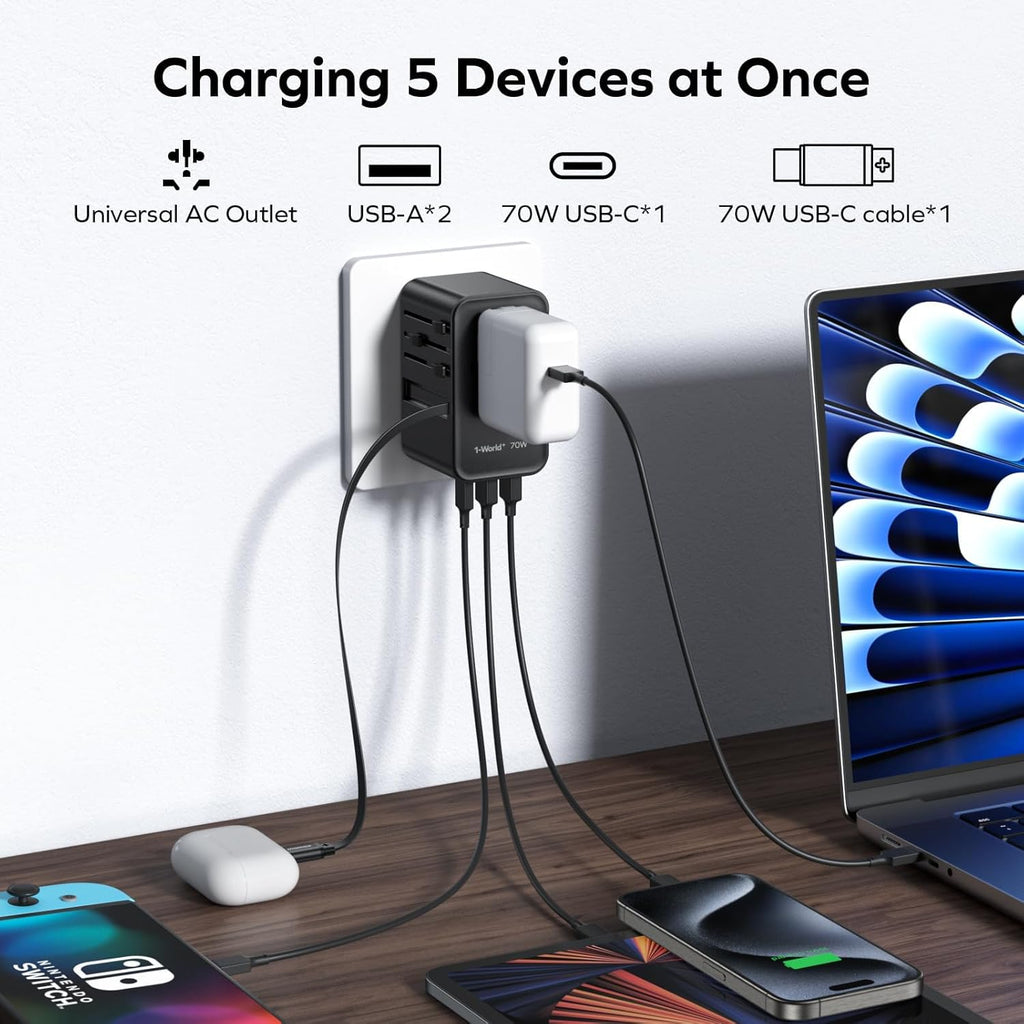 MOMAX Universal Travel Adapter, International Power Plug Adapter with 1 USB C (PD 70W), 2 USB A Ports, 1USB-C Cable (PD 70W), All-in-One Worldwide Wall Charger for USA European UK AUS (Type C/G/A/I)