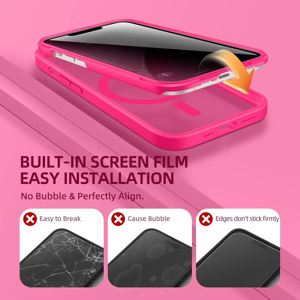 BERFY Magnetic for iPhone 14 Case, Compatible with MagSafe, Built-in Privacy Screen Protector and Upgraded Camera Protection, Anti-Spy Full Body Shockproof Phone Case for 14 6.1", Hot Pink