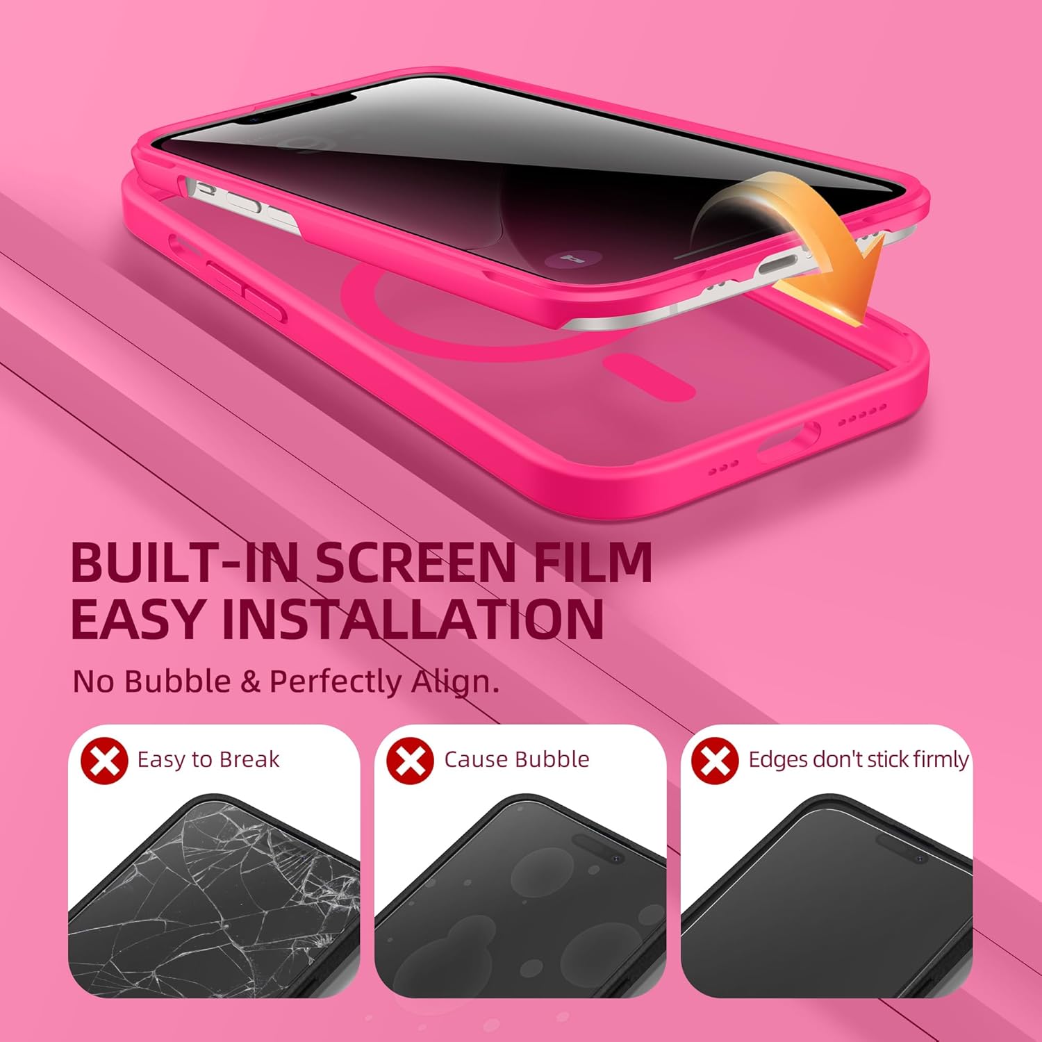 BERFY Magnetic for iPhone 14 Case, Compatible with MagSafe, Built-in Privacy Screen Protector and Upgraded Camera Protection, Anti-Spy Full Body Shockproof Phone Case for 14 6.1", Hot Pink