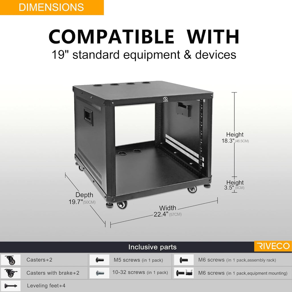 RIVECO 9U Network & Audio Rack with Feet & Wheels, Obtuse Angel Server Rack Cabinet, Rolling Studio Rack Case with Adjustable Depth Rails for 19" Stereo Recording & IT Equipment Mounting 1PCS