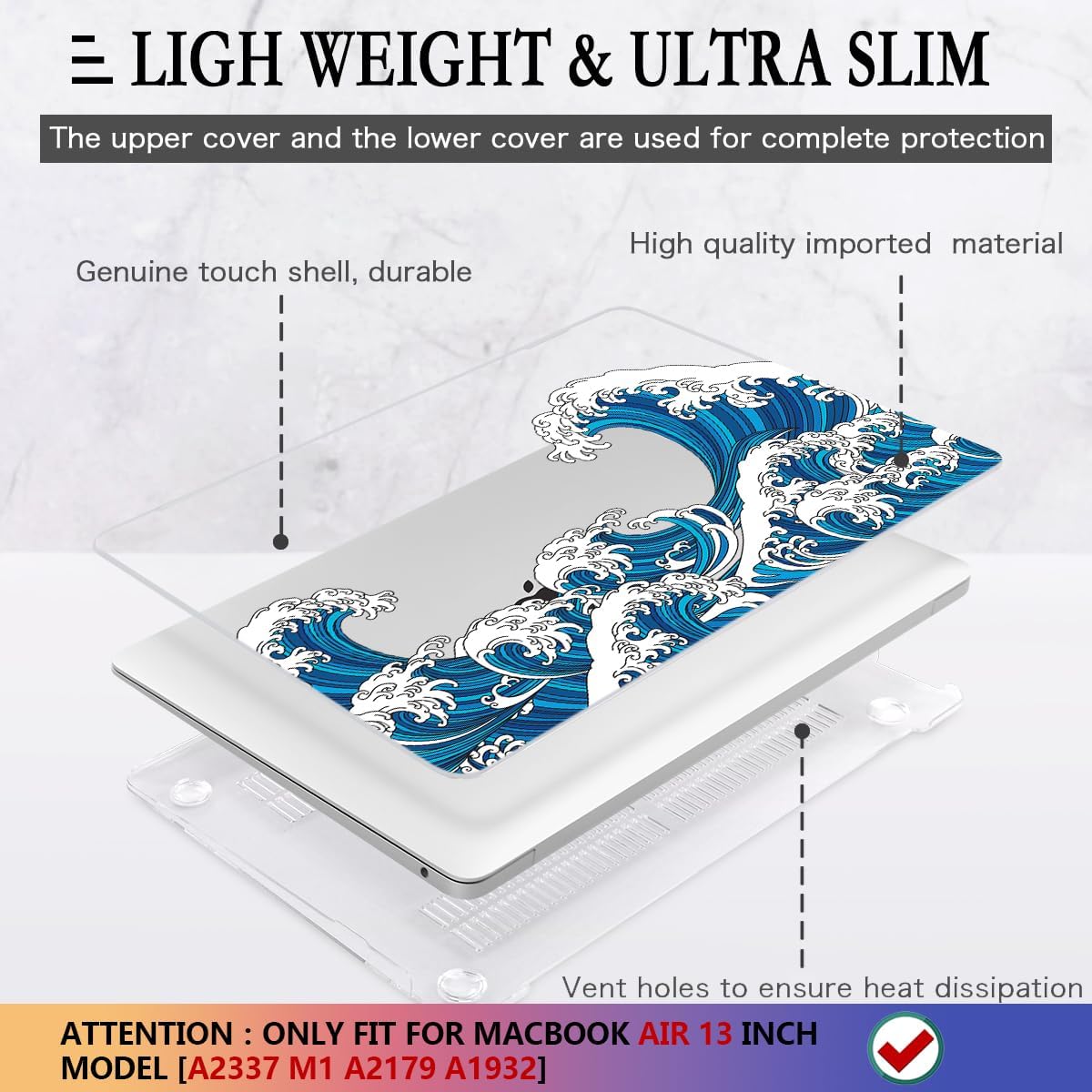 CISSOOK Wave Case for MacBook Air 13 inch Case 2021 2020 2019 2018 Release, Ocean Hard Shell Cover for MacBook Air 13'' with Touch ID A2337 M1 A2179 A1932 Model with Keyboard Cover + Screen Protector