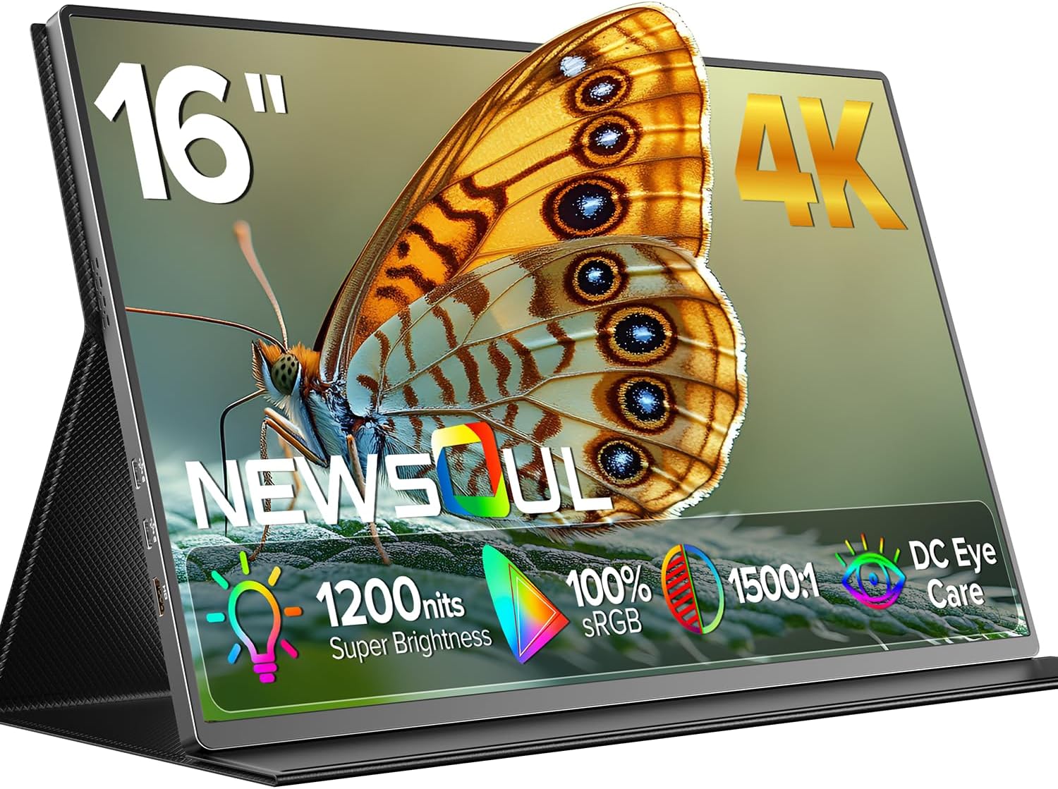 Newsoul 4K Portable Monitor, 3840 * 2400 UHD 16" Gaming Monitor 1200Nits 1500:1 100% sRGB IPS FreeSync Laptop Monitor with VESA & Cover Built-in USB-C HDMI Portable Screen for Phone Game Console