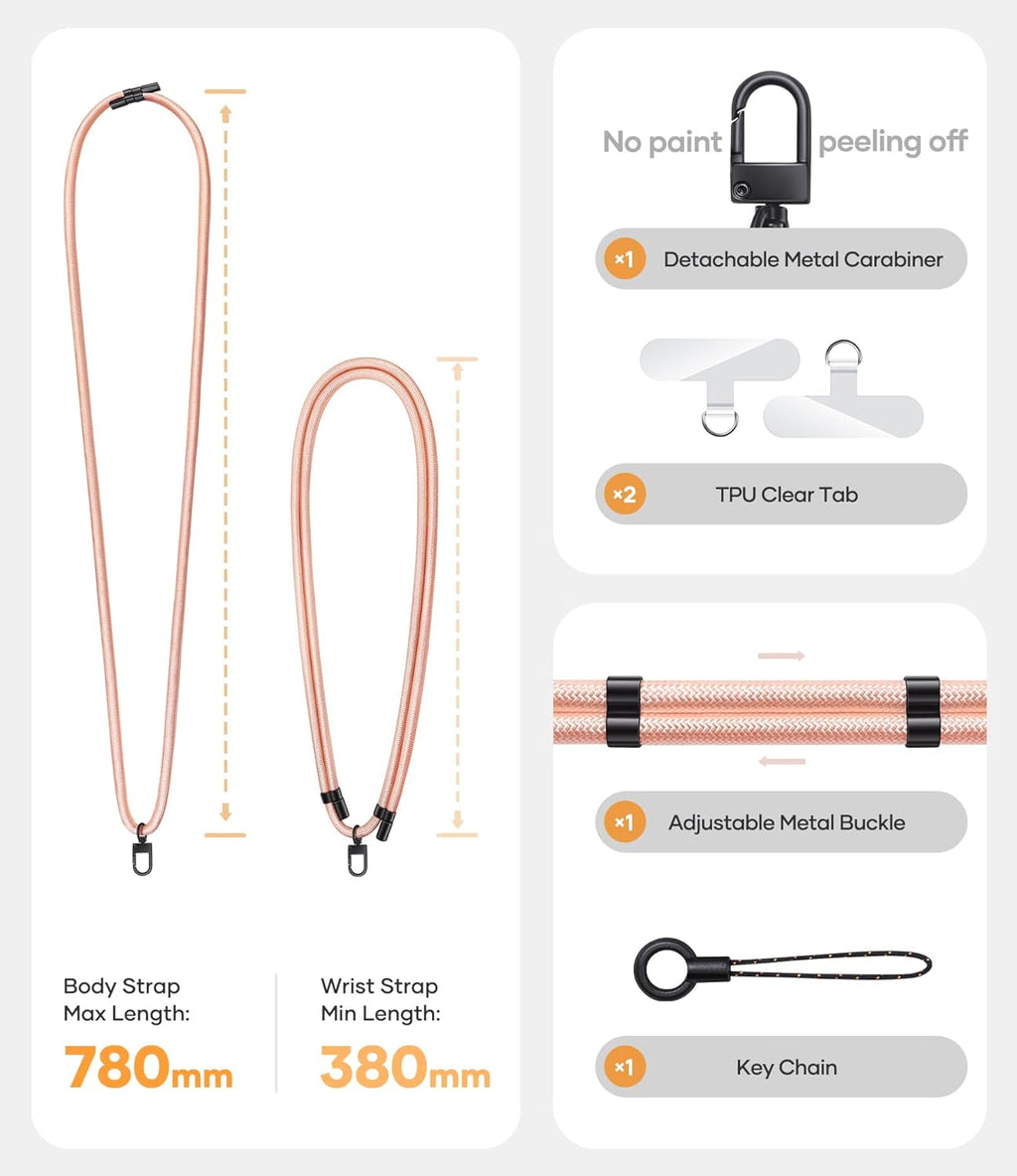 for Phone Lanyard Crossbody with 2X TPU Clear Phone Tabs, Retractable Cellphone Lanyard, Premium Metal Buckles, Skin-Friendly, Universal Wrist Strap Leash for Women Men,Pink-Gold