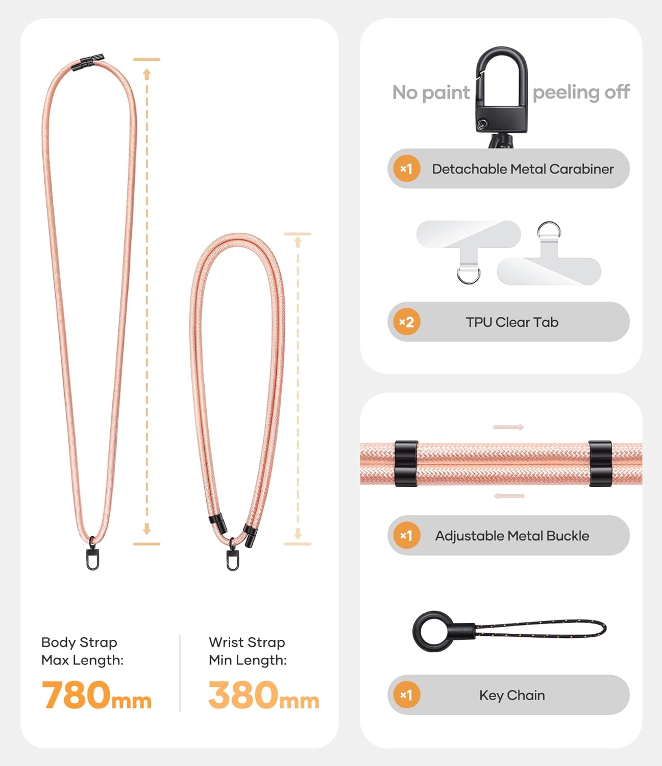 for Phone Lanyard Crossbody with 2X TPU Clear Phone Tabs, Retractable Cellphone Lanyard, Premium Metal Buckles, Skin-Friendly, Universal Wrist Strap Leash for Women Men,Pink-Gold