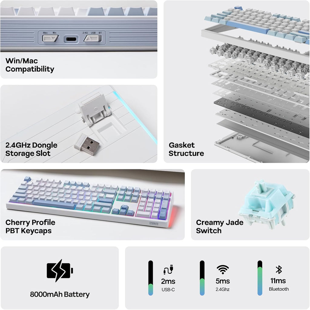 EPOMAKER TH108 Full Size Mechanical Keyboard, Wireless Gaming Keyboard with 8000mAh Battery, Creamy Gasket, 108 Keys, Hot Swap, Custom Driver, RGB Backlight (Blue&White, Creamy Jade)