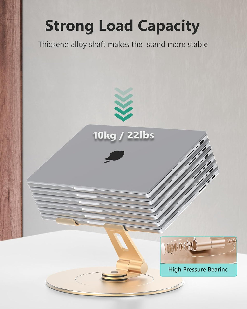 Ultra-Stable Swivel Laptop Stand for Desk，300% Larger Base Stability Military-Grade Aluminum Anti-Loosening Structure - Height Adjustable Laptop Stand Suitable for 10-17.3 inch，Golden