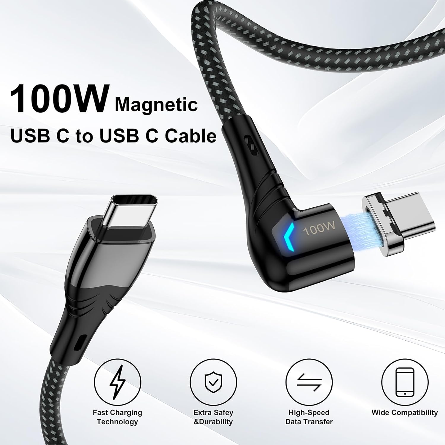 ZBF 100W USB C Magnetic Charging Cable, Right Angle Magnetic Phone Charger Cable(3 Pack, 5/5/5FT) 5A Fast Charging for Mac-Book Pro/Air, Pad Pro,Phone 17 16,14,13 Pro Max,Mac-Book Pro Pad Galaxy S22