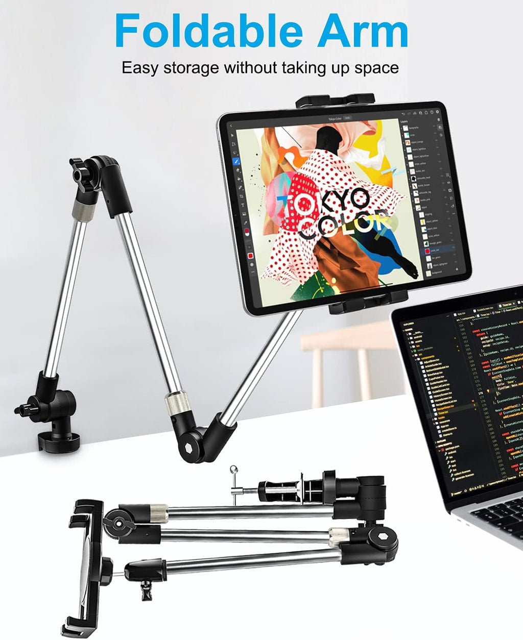 woleyi Adjustable Tablet Mount Holder, 35" Desk/Bed Clamp Phone iPad Stand with Foldable 360° Swivel Arm for iPad Pro 12.9 Air Mini, iPhone, Galaxy Tabs, Nintendo Switch, 4-13" Cell Phones and Tablets