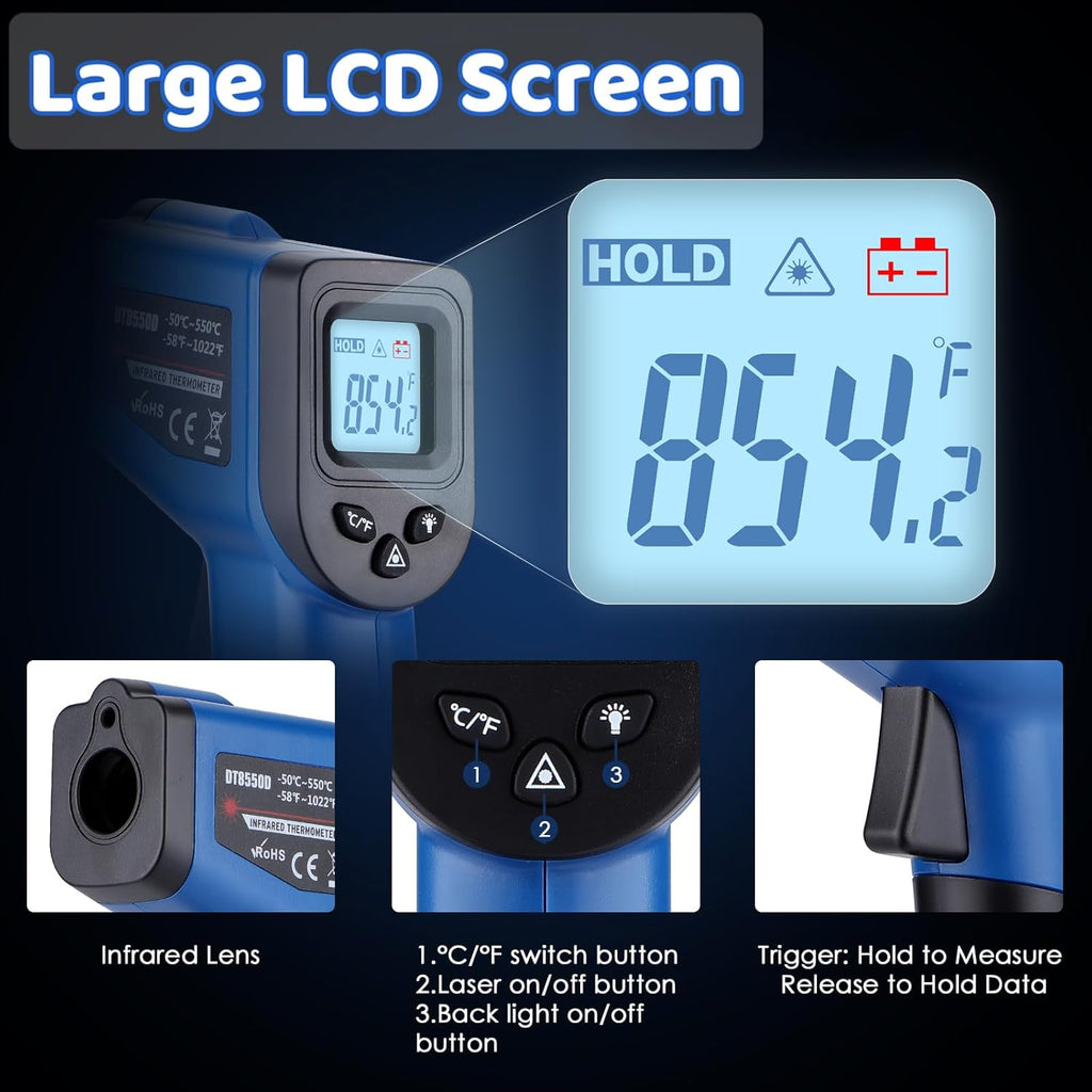 Infrared Thermometer Gun for Cooking, -58℉~1022℉, Digital Laser Temperature Gun for Deep Frying, Pizza, Blackstone, Reptiles, IR Thermometer with Carrying Storage Case, Larger Font, LCD Backlit, Blue